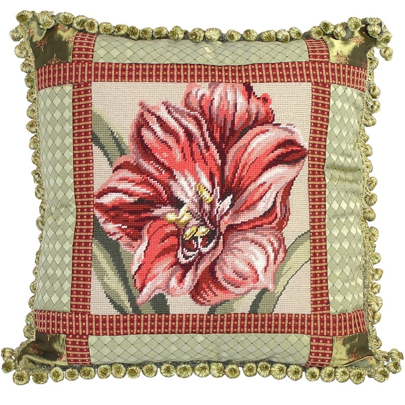 Amaryllis Needlepoint 20-inch Decorative Pillow - Green