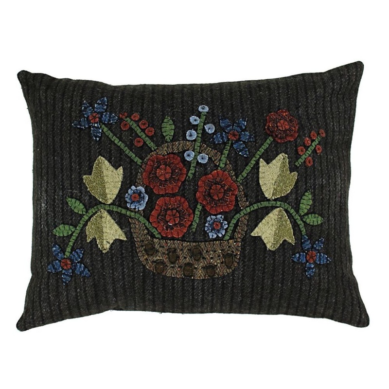 Basket Blooms 16-Inch Applique Wool Throw Pillow