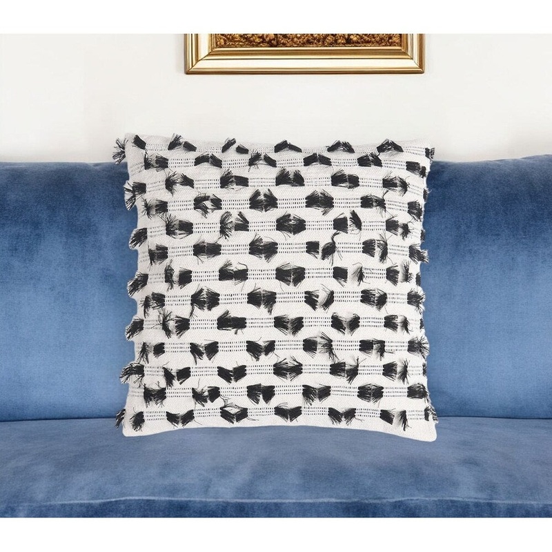 18" Black and White Striped Cotton Throw Pillow Cover With Fringe