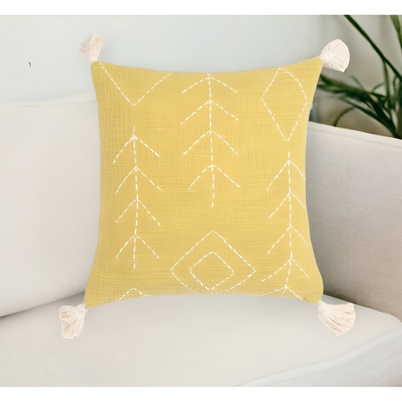 18" Yellow and White Geometric Cotton Throw Pillow Cover With Embroidery, Tassels