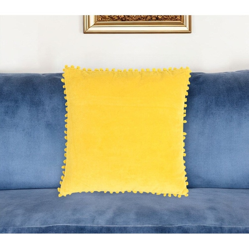 18" Yellow Cotton Blend Throw Pillow Cover With Pom Poms