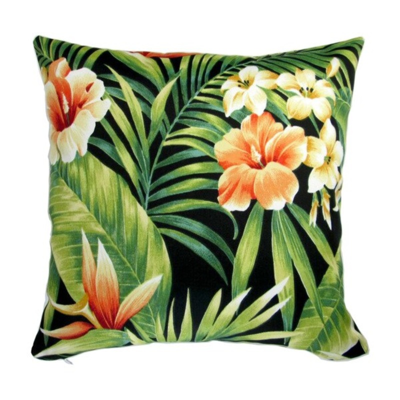 18-inch Indoor/Outdoor Hawaiian Beach Palm, Bird of Paradise, Hibiscus Flower in Black - Pillow Cover Only (Set of 2)