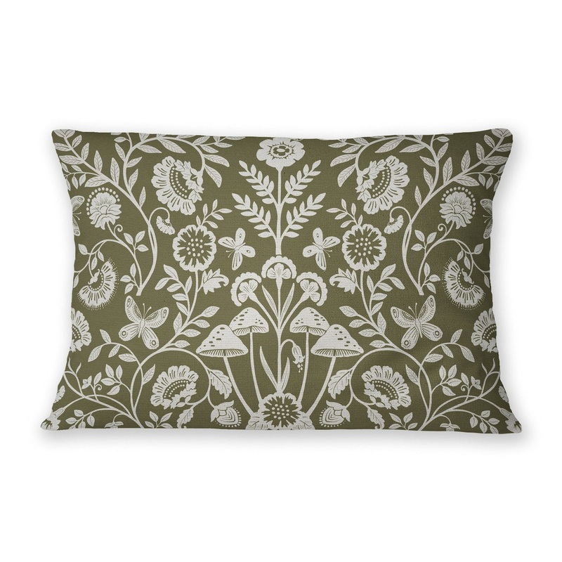 AUTUMN BUTTERFLY GARDEN OLIVE Linen Throw Pillow By Jenny Lund