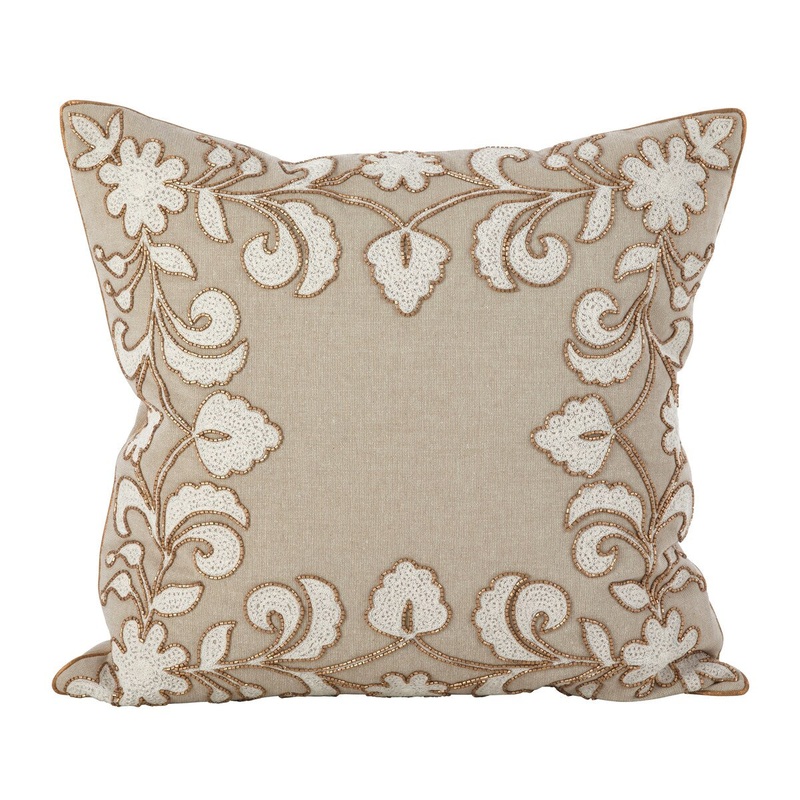 Beaded Throw Pillow Cover With Floral Design