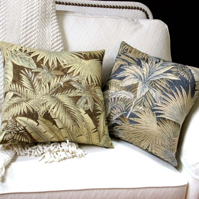 18-inch Indoor/Outdoor Tropical Island Hawaiian Beach Bahamian Palm Leaves in Blue or Brown -Throw Pillow (Set of 2)