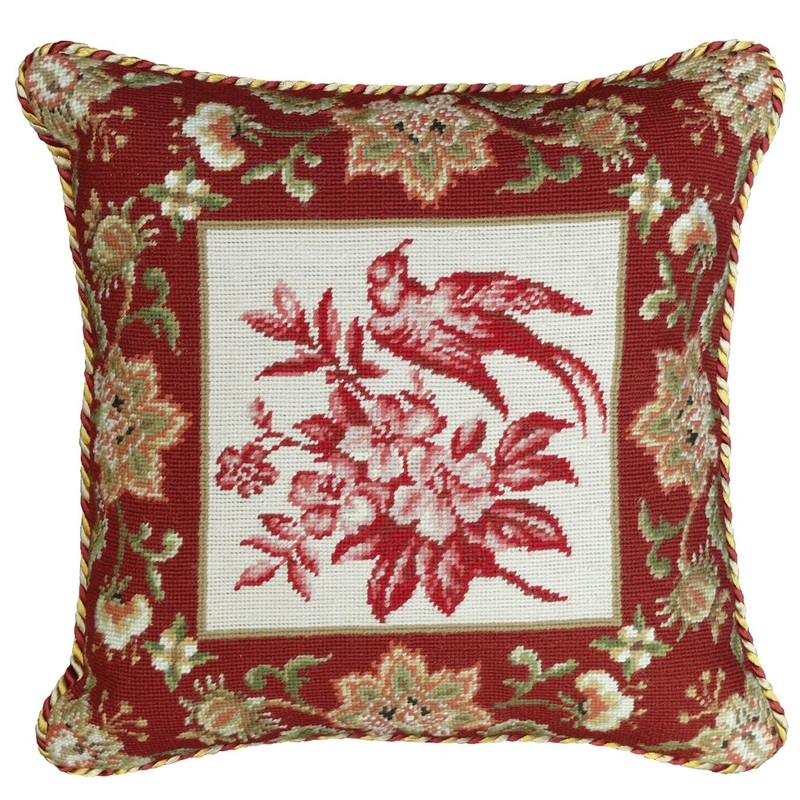 Bird-Red Needlepoint 18-inch Decorative Pillow