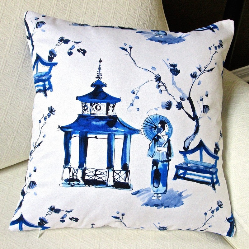 Artisan Pillows Japanese Oriental Pagoda Garden Toile 18-inch Blue and White Throw Pillow