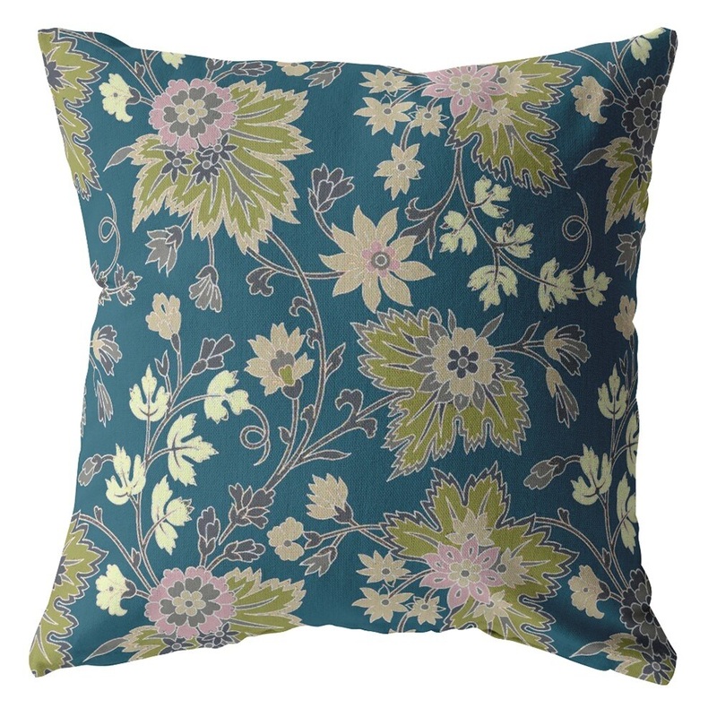 16" Teal Green Jacobean Indoor Outdoor Zippered Throw Pillow