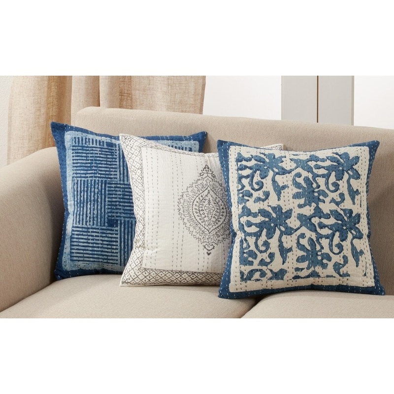Taj Kantha Stitch Pillow With Block Print