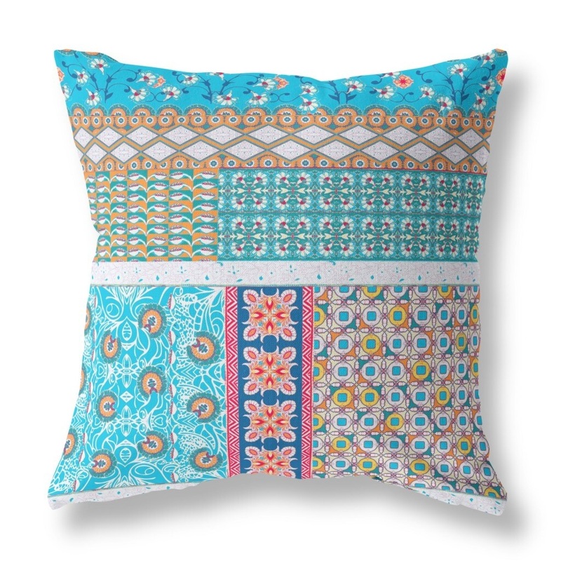 16" Turquoise White Patch Indoor Outdoor Zippered Throw Pillow