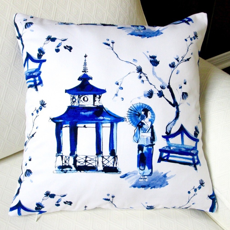 Artisan Pillows Japanese Oriental Pagoda Garden Toile 18-inch Blue and White Throw Pillow Cover