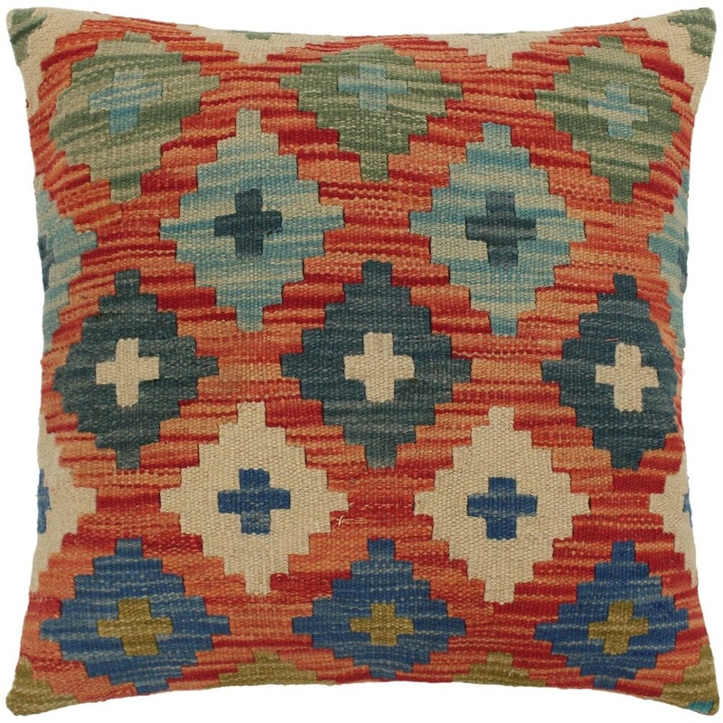 Sharell Orange/Blue Hand-Woven Kilim Throw Pillow - 1'6 x 1'6