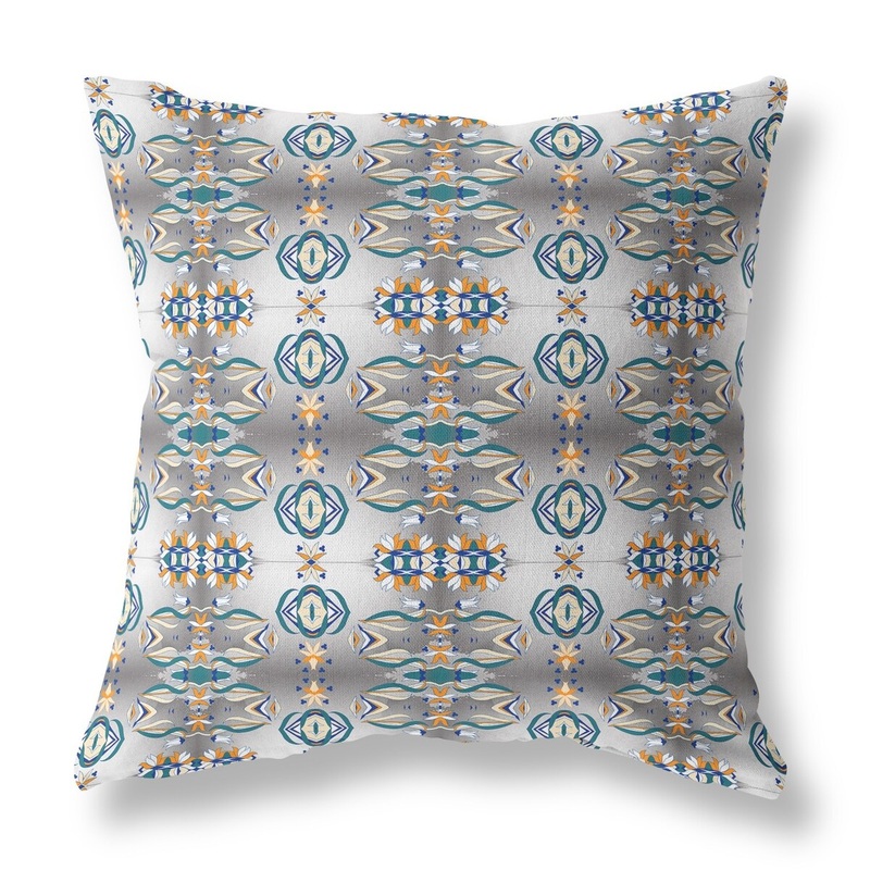 16" White Brown Patterned Indoor Outdoor Zippered Throw Pillow