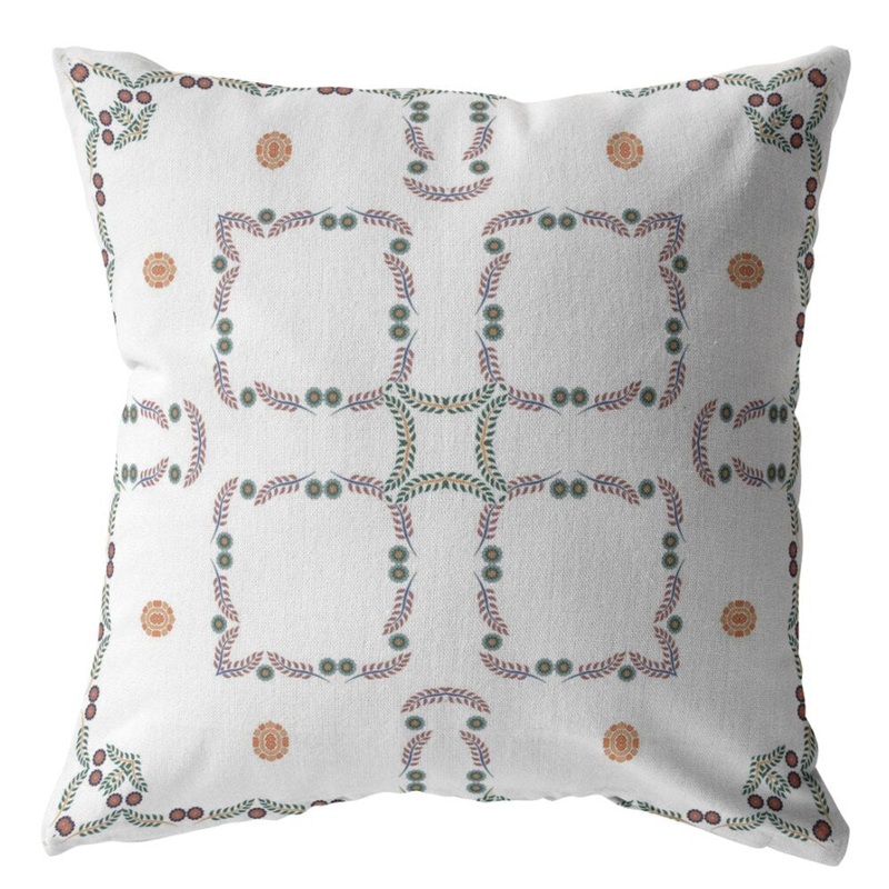 16" White Floral Indoor Outdoor Throw Pillow