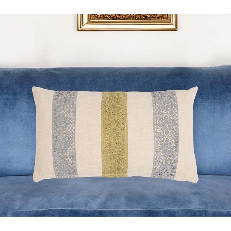 12" X 20" Beige and Green Striped Cotton Throw Pillow Cover With Lace
