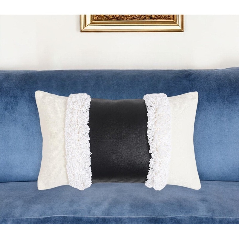 12" X 20" Black and White Patchwork Cotton Blend Throw Pillow Cover With Shag