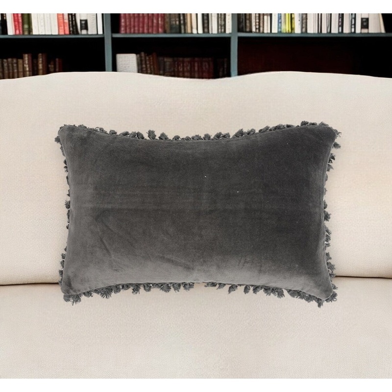 12" X 20" Black Cotton Blend Throw Pillow Cover With Fringe