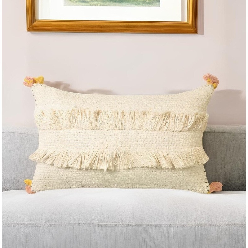 12" X 20" Ivory and White Striped Cotton Throw Pillow Cover With Fringe, Tassels