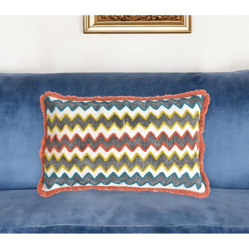 12" X 20" Orange and White Chevron Cotton Blend Throw Pillow Cover With Fringe