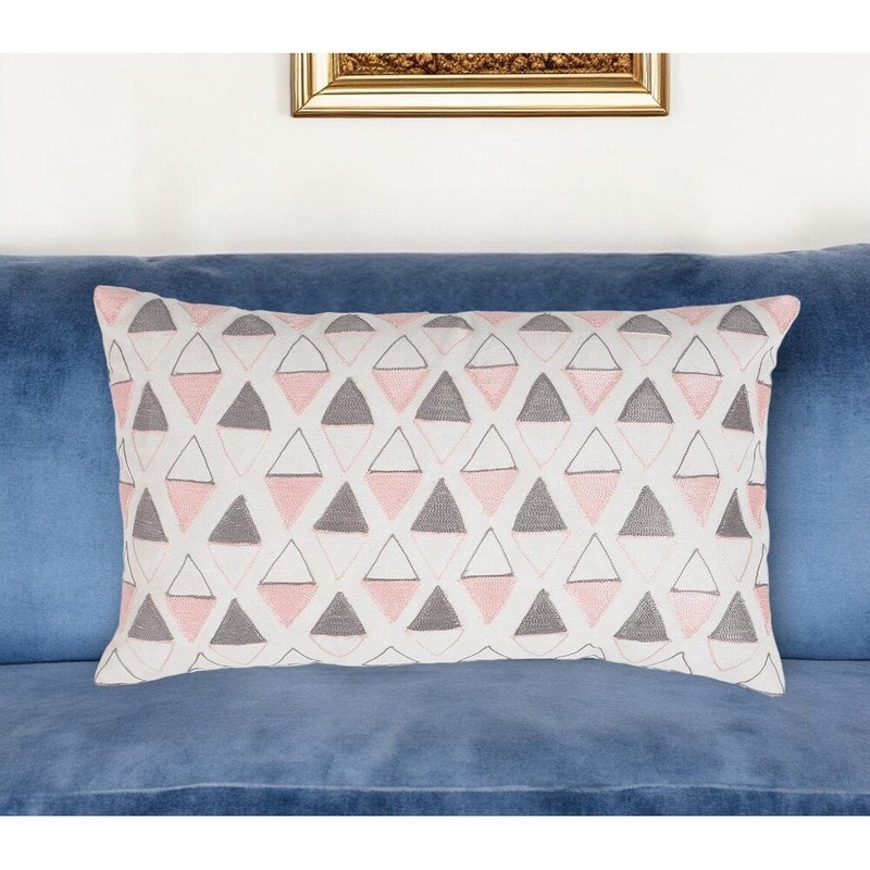 12" X 20" Pink and White Geometric Cotton Throw Pillow Cover With Embroidery