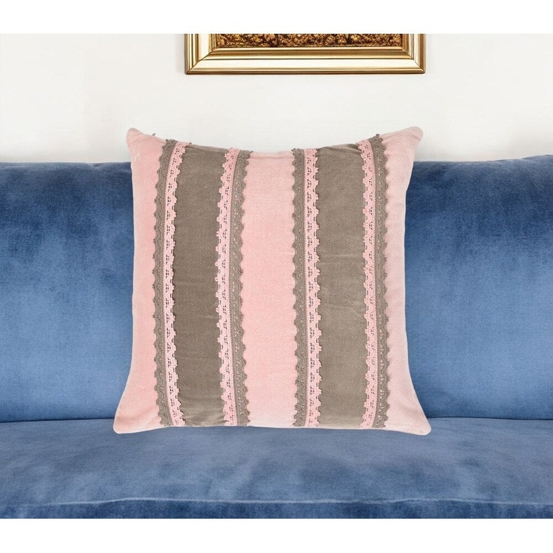 16" Pink and Brown Striped Throw Pillow Cover With Lace