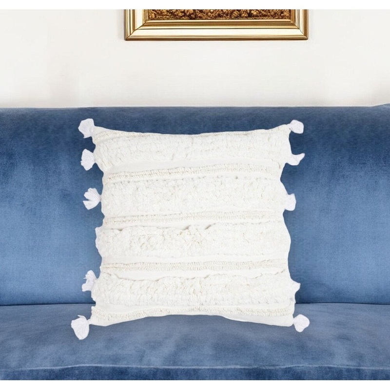 16" White Striped Cotton Throw Pillow Cover With Tassels And Tufts
