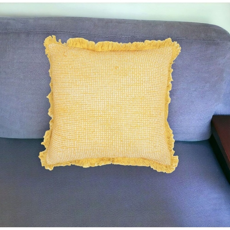 16" Yellow and White Check Cotton Throw Pillow Cover With Fringe