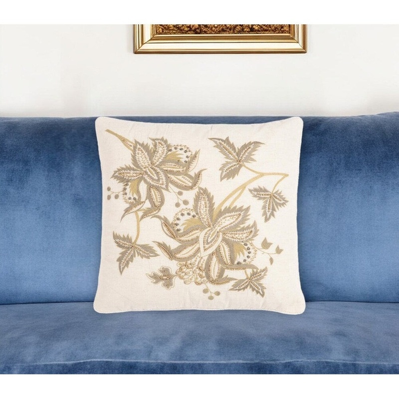18" Beige and Green Floral Cotton Throw Pillow Cover With Embroidery, Beads