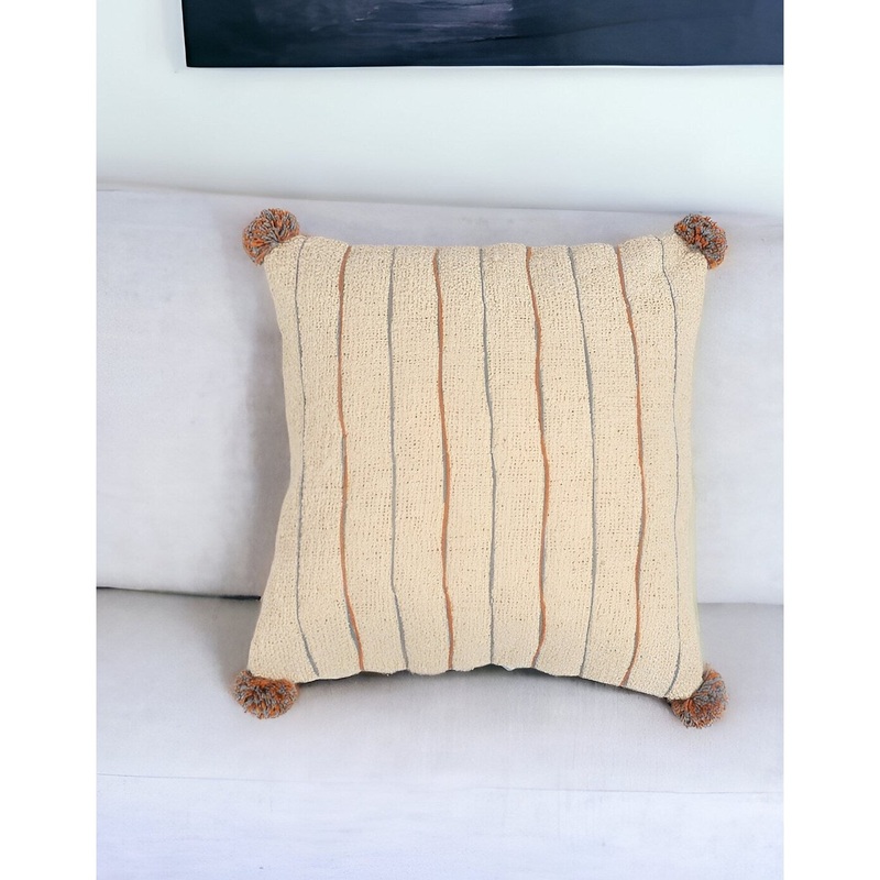 18" Beige and Orange Linen Cotton Throw Pillow Cover With Pom Poms