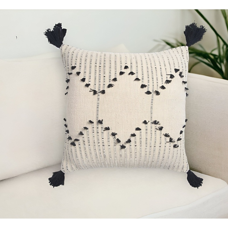 18" Black and White Diamond Cotton Throw Pillow Cover With Fringe, Tassels