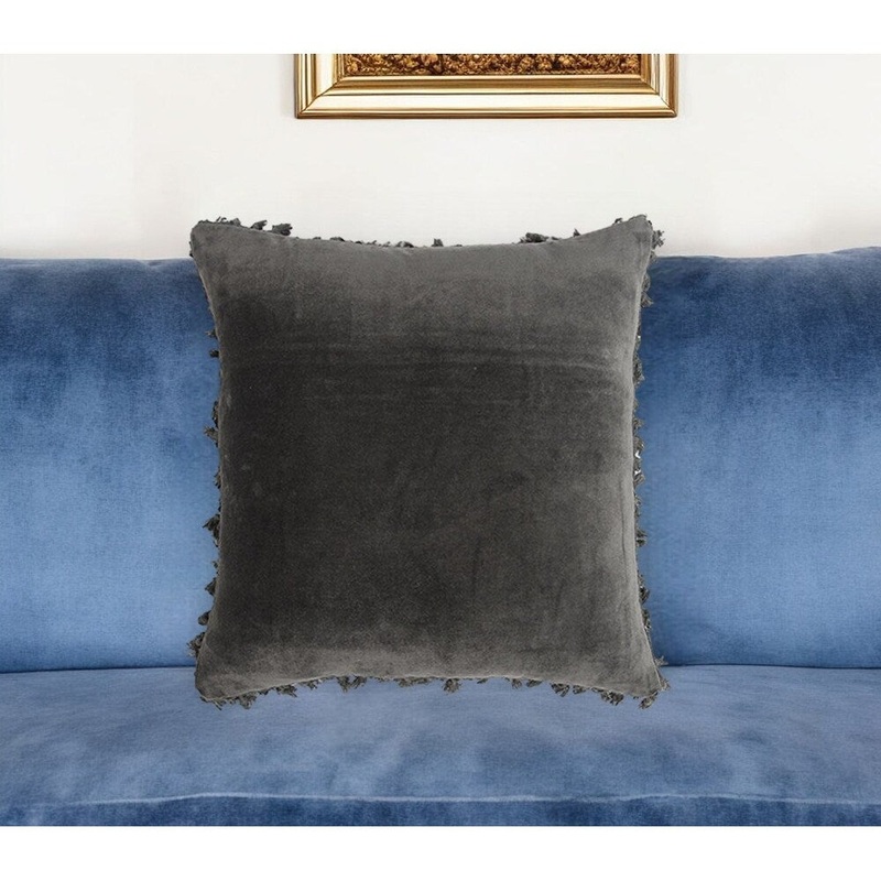 18" Gray Cotton Blend Throw Pillow Cover With Fringe