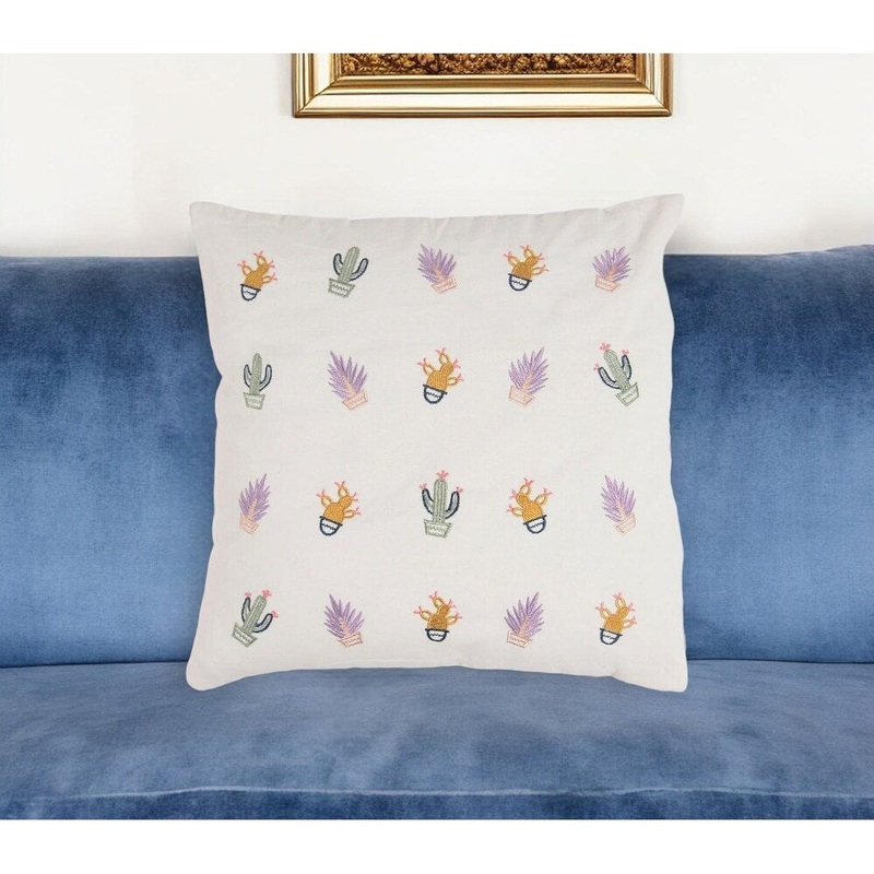 18" Green and White Cactus Cotton Throw Pillow Cover With Embroidery