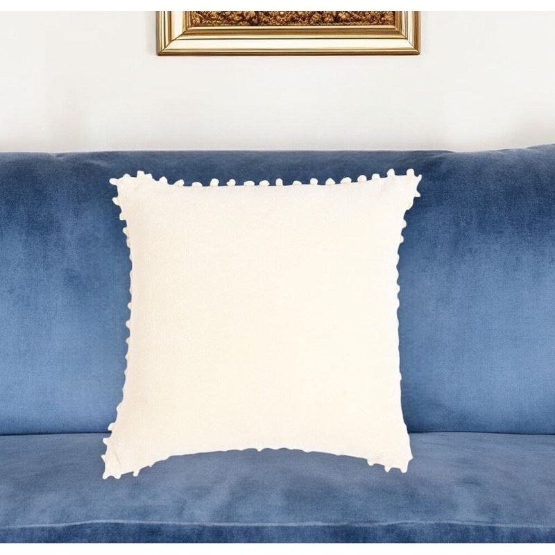 18" Off White Cotton Blend Throw Pillow Cover With Pom Poms
