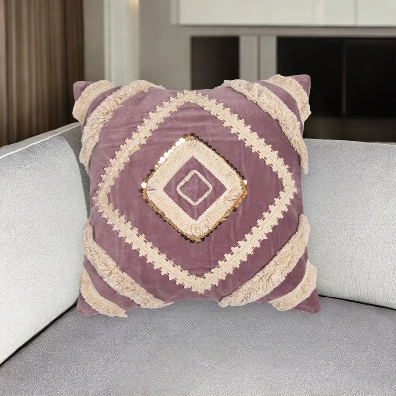18" Purple and Ivory Geometric Cotton Throw Pillow Cover With Lace