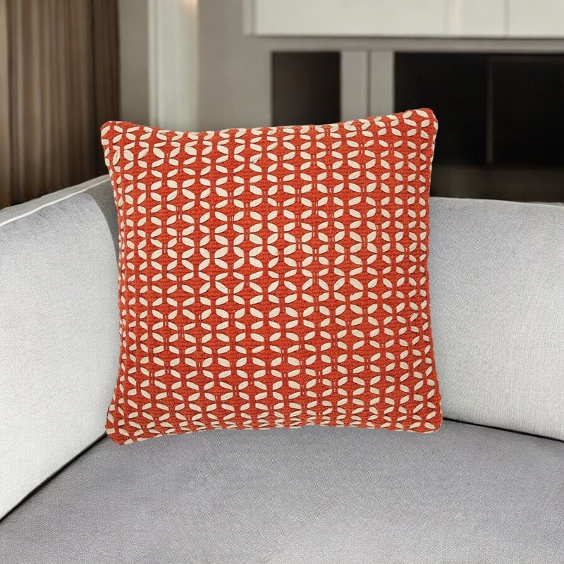 18" Red and White Geometric Cotton Blend Throw Pillow Cover