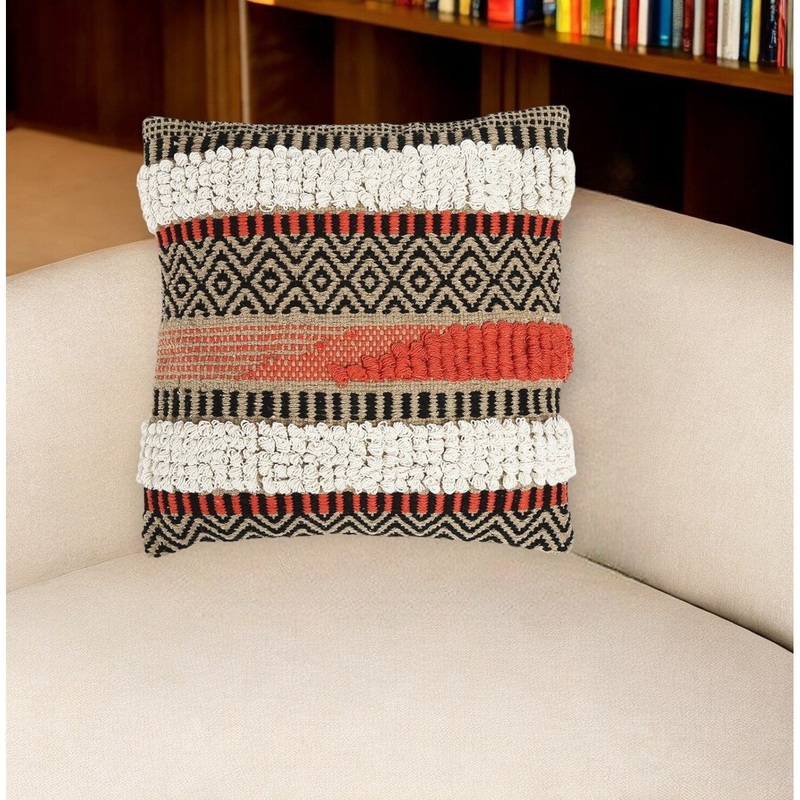 18" White and Natural Striped Cotton Throw Pillow Cover With Tufts
