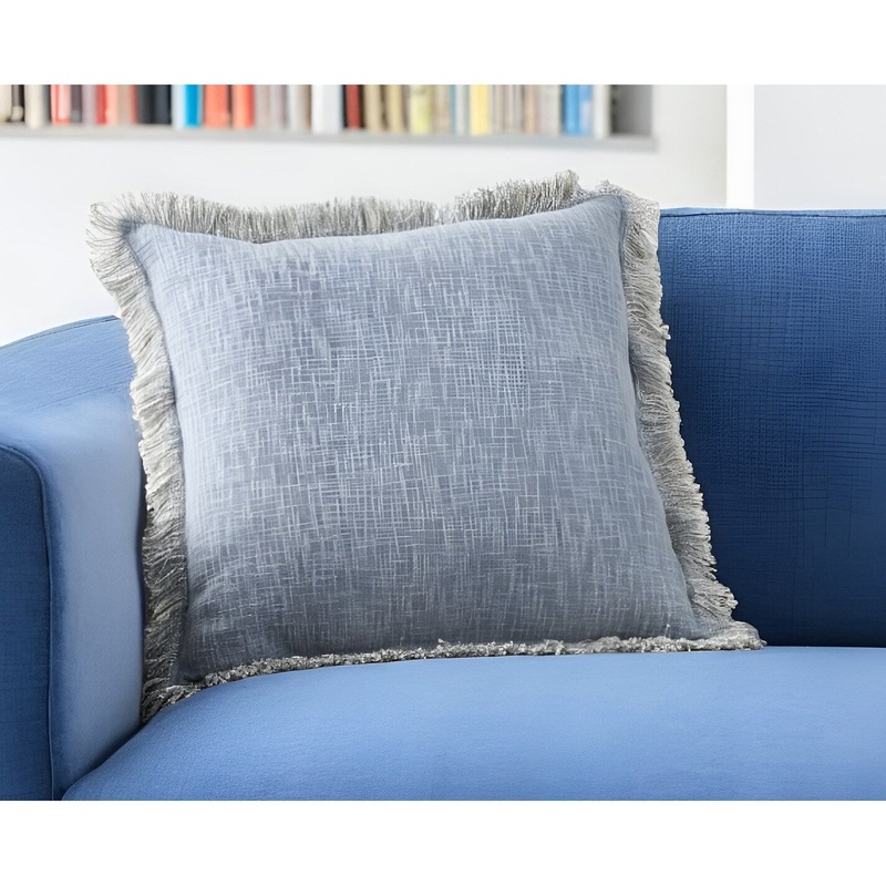 22" Blue Cotton Throw Pillow With Fringe