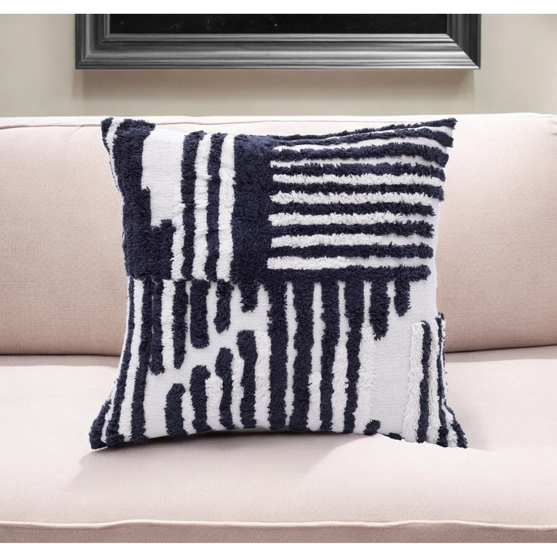 22" Navy and White Geometric Cotton Throw Pillow