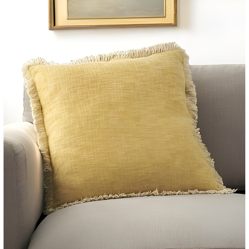 22" Yellow Cotton Throw Pillow With Fringe
