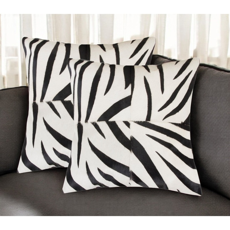 Set of Two 18" White and Black Zebra Cowhide Throw Pillows
