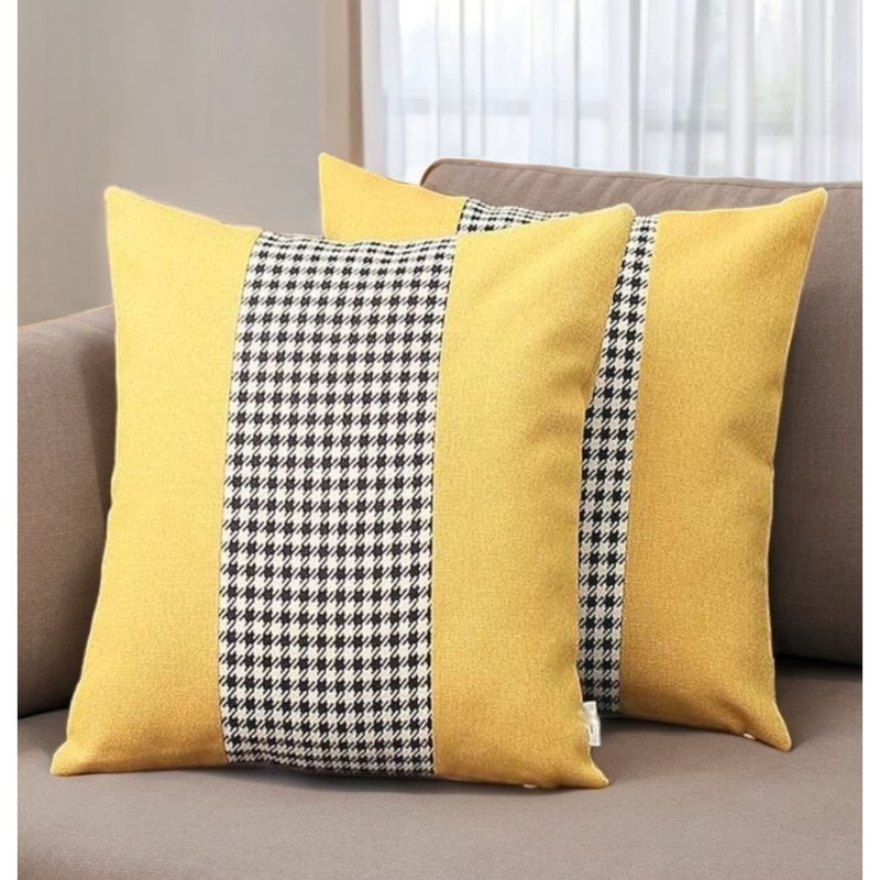Set of Two 18" Yellow Black and White Houndstooth Fabric Throw Pillows