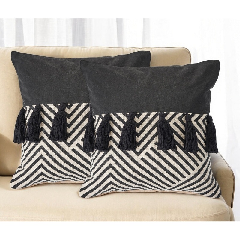Set of Two Black and White Chevron Cotton Throw Pillow With Tassels