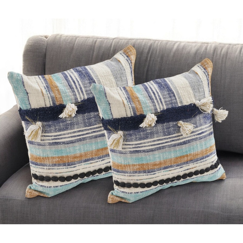 Set of Two Blue Striped Cotton Throw Pillow With Tassels