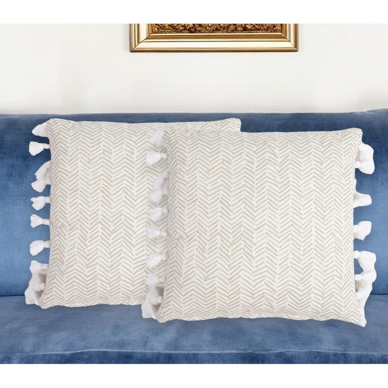 Set of Two Brown and White Chevron Cotton Throw Pillow Cover With Tassels