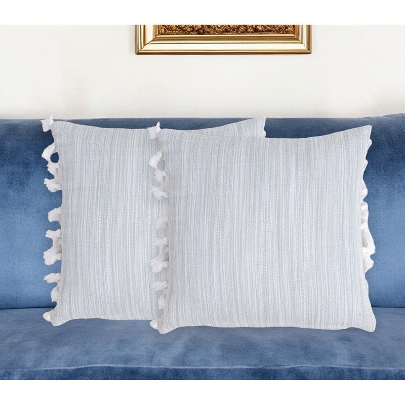 Set of Two Gray and White Linen Cotton Throw Pillow Cover With Tassels