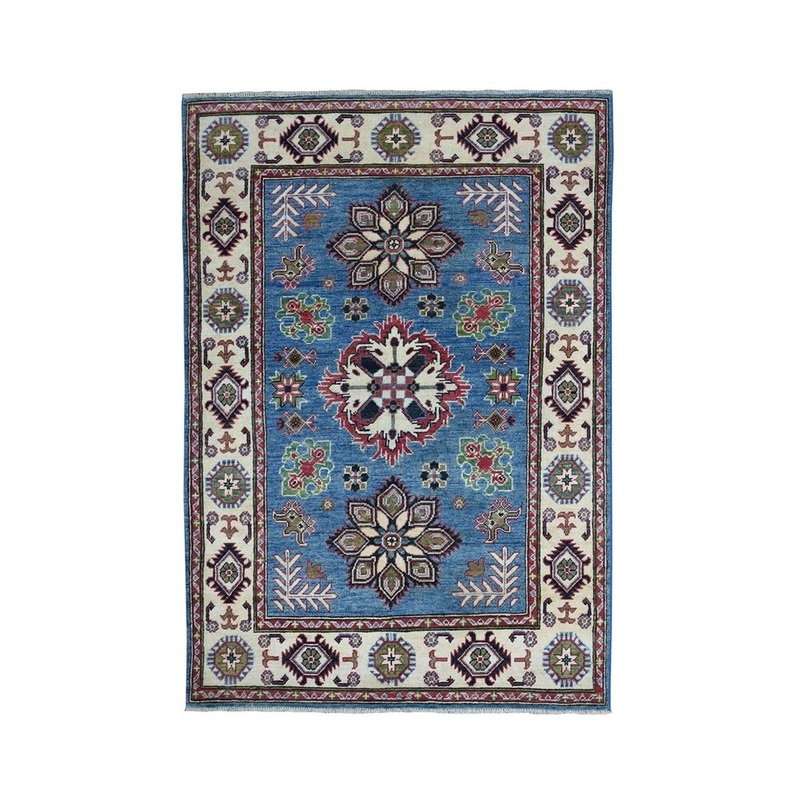 Shahbanu Rugs Blue Geometric Design Kazak Pure Wool Hand-Knotted Oriental Rug (3'9" x 6'0") - 3'9" x 6'0"