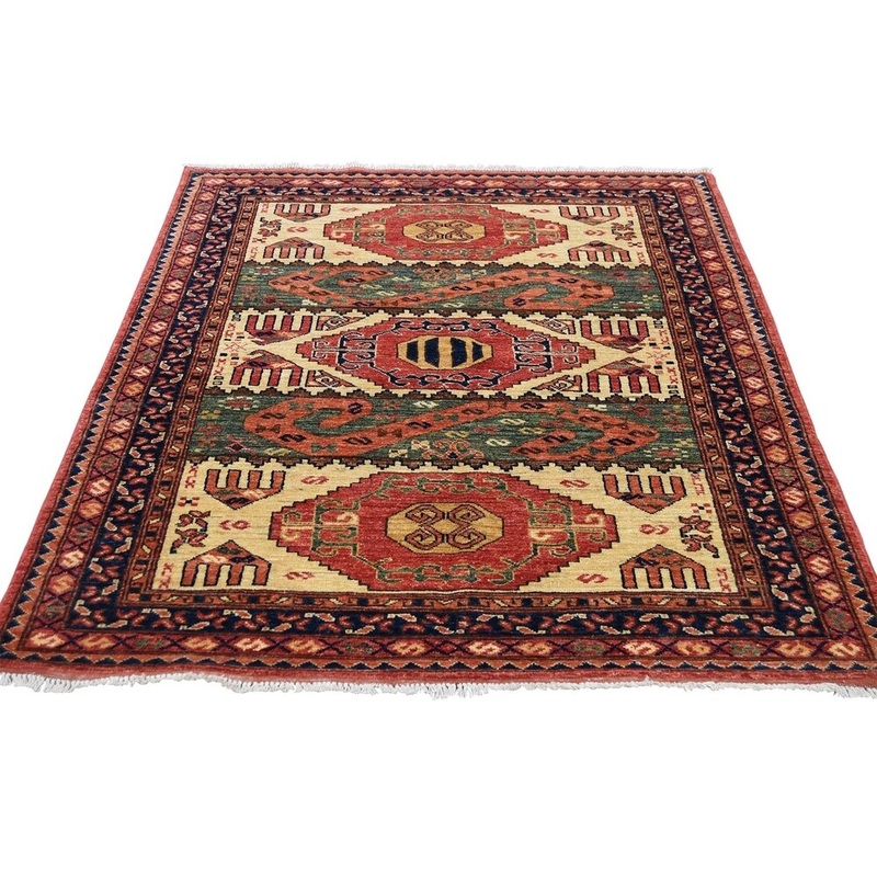 Shahbanu Rugs Hand-Knotted Afghan Ersari Pure Wool Geometric Design Oriental Rug (4'2" x 5'10") - 4'2" x 5'10"