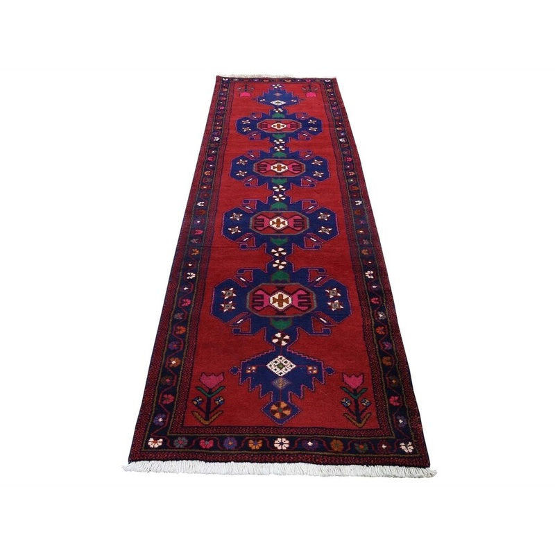 Shahbanu Rugs Red New Persian Hamadan With Pink Pure Wool Runner Hand-Knotted Rug (2'5" x 9'3") - 2'5" x 9'3"