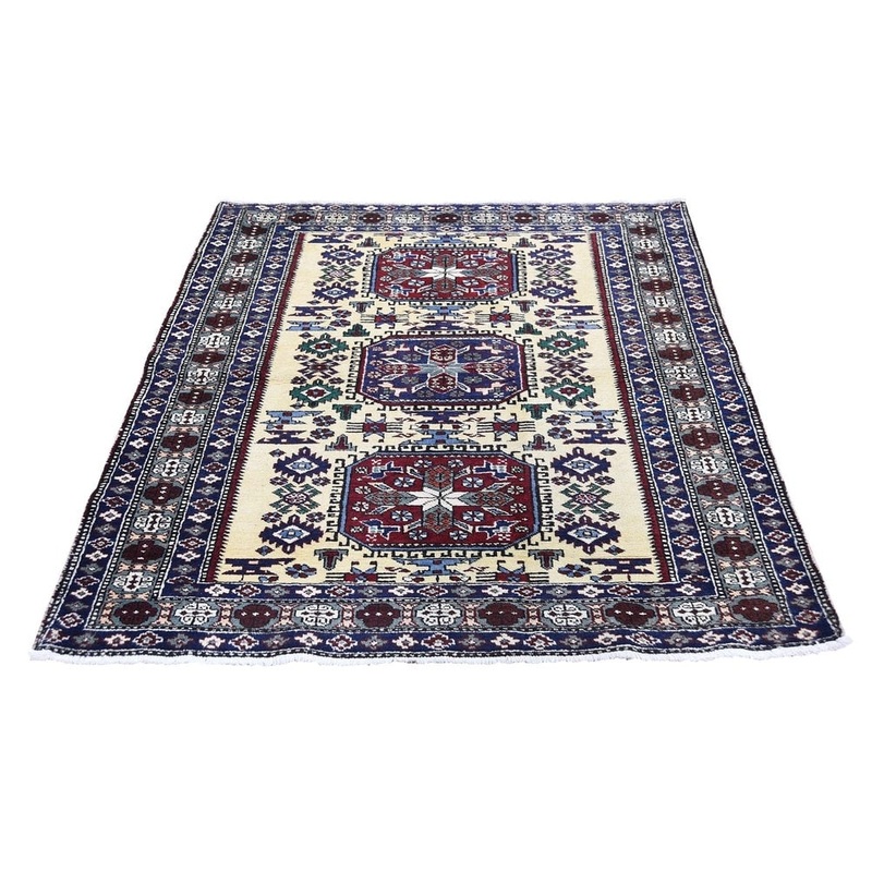 Shahbanu Rugs Vintage Bohemian Shirvan Pure Wool Yellow Hand-knotted Rug (3'10" x 5'1") - 3'10" x 5'1"