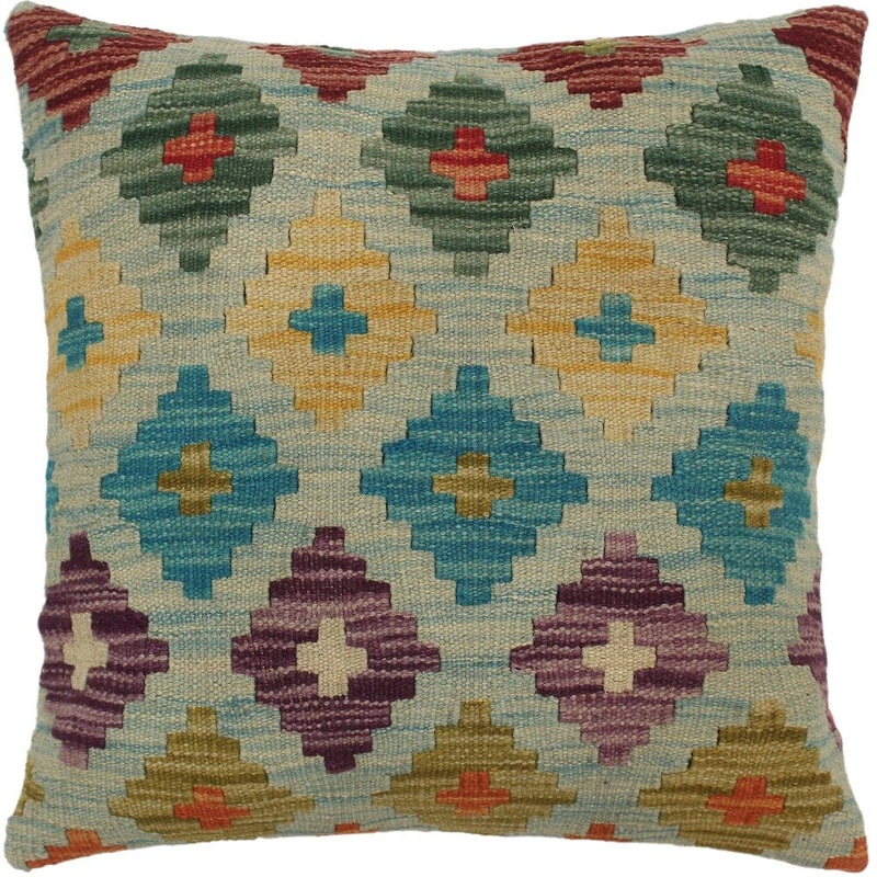 Thao Lt. Blue/Purple Hand-Woven Kilim Throw Pillow - 1'6 x 1'6